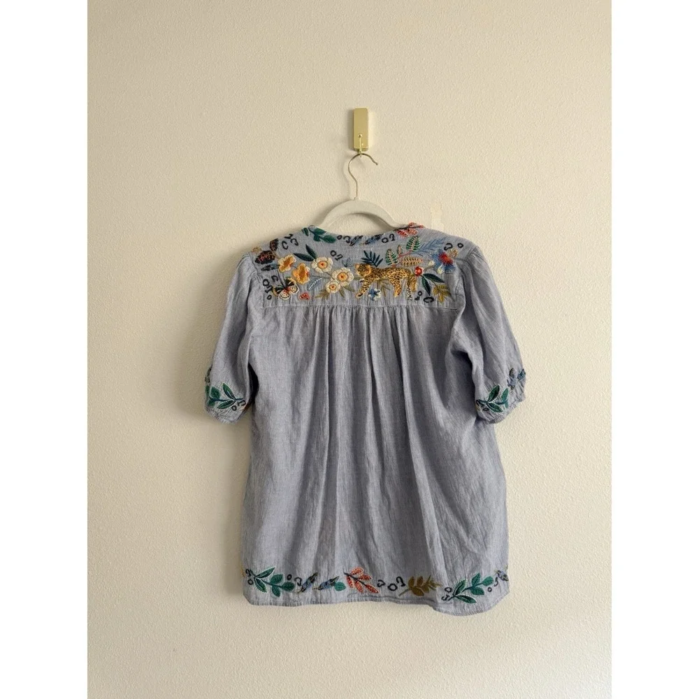 Johnny Was Indraa Puff Sleeve Popover Blouse Sz XS/S‎ Floral Tiger Embroidered